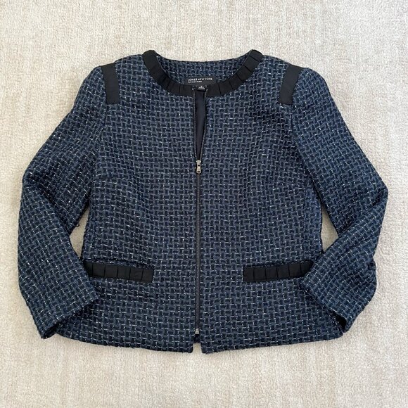 Vintage Jones New York Collection Tweed Blue Cardigan Blazer Jacket 6 - Picture 1 of 11